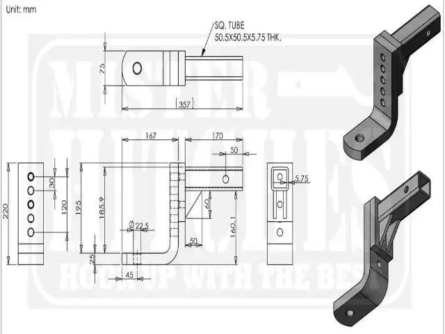 Mister Hitches - SHORT SHANK - Adjustable Tow Hitch 4000Kg | 12 Stage Ball Mount (Heavy Duty) - Ford Ranger (MHABM-5XHDS)