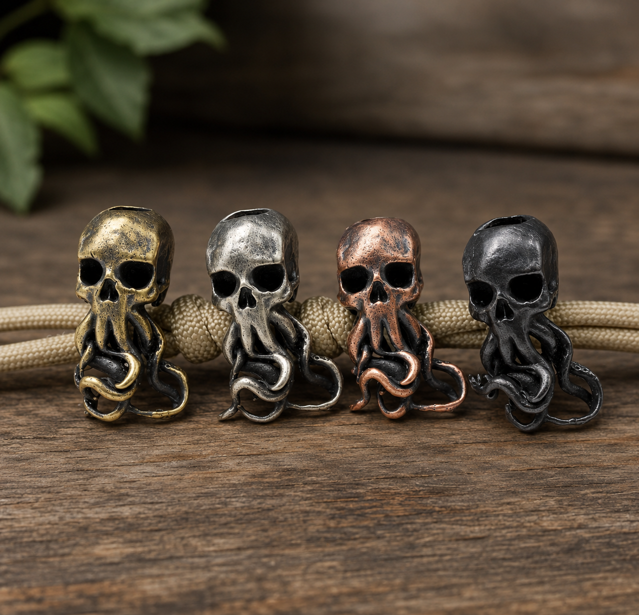 Brass Octopus Skull - paracord bead - Black